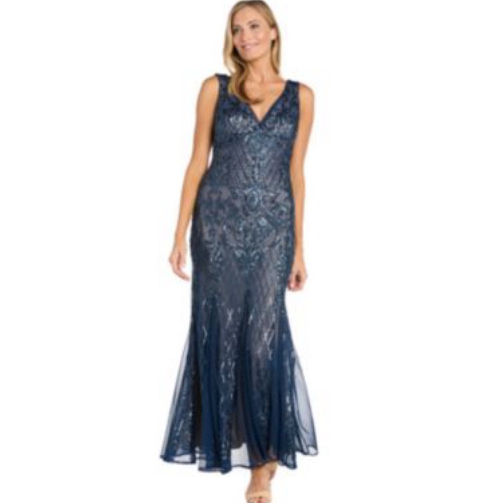 R & M Richards Navy Beaded V-Neck Evening Maxi Dress